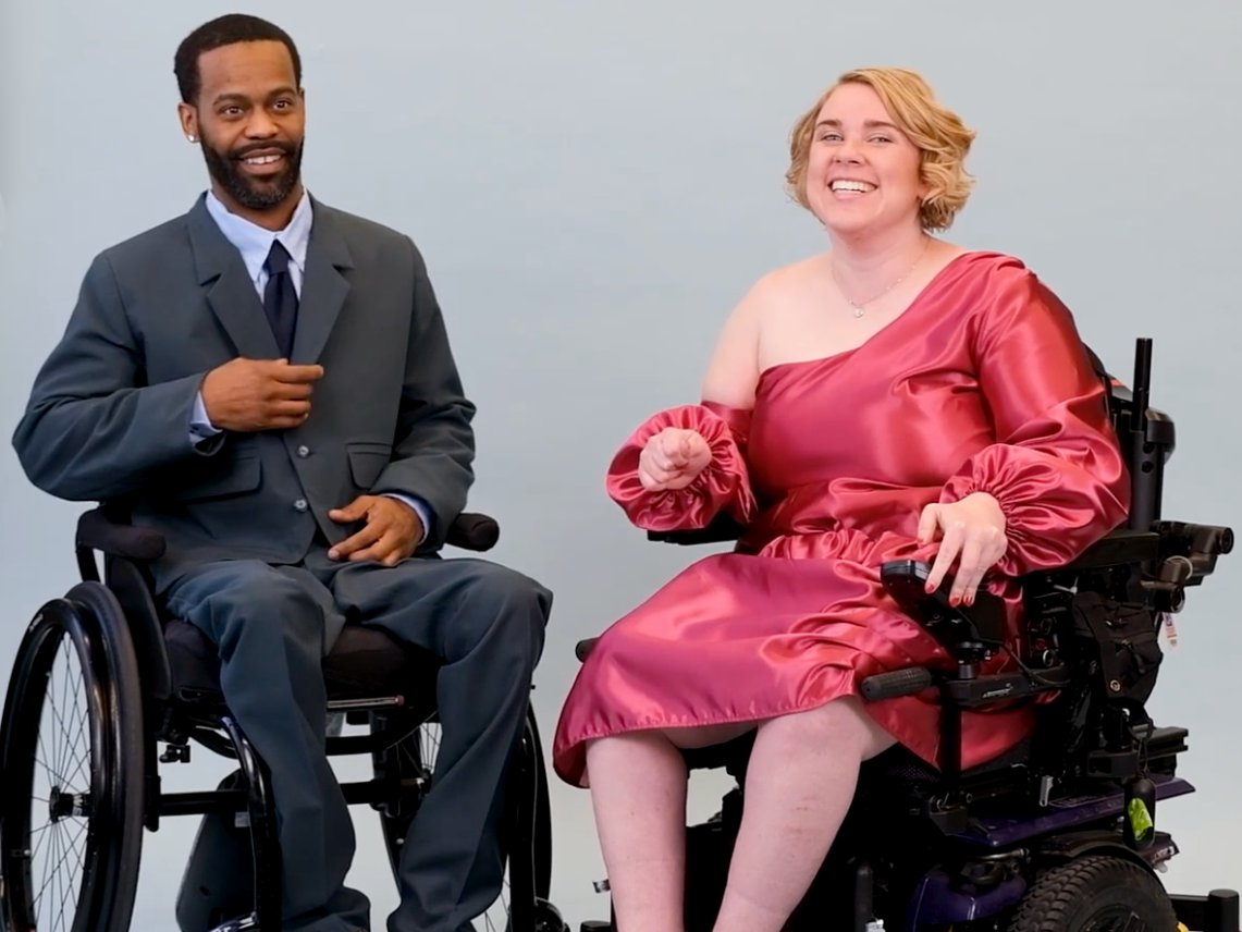 Photo of two young people with adaptable but stylish clothes on for a black tie affair.